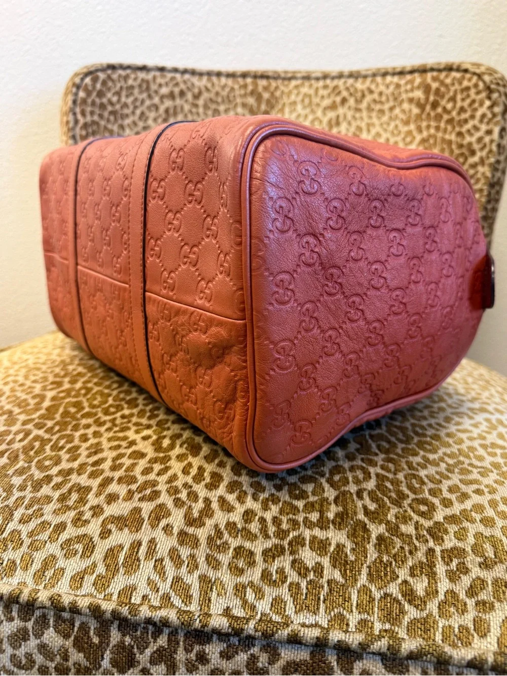💯Authentic! GUCCI GG Guccissima Medium Joy Boston Bag Brown/Orange/Rust Leather
